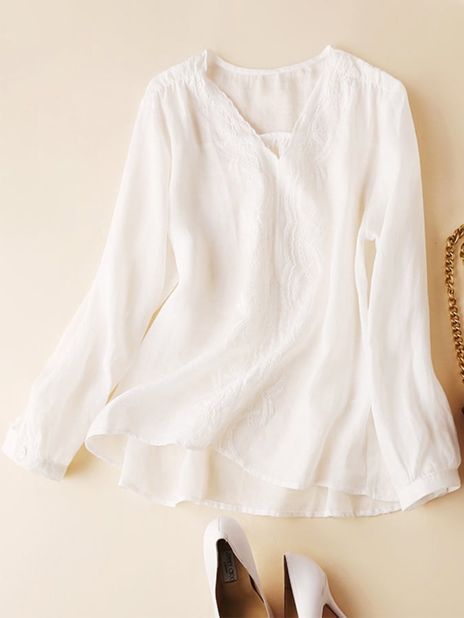 Cotton And Linen  Loose V-neck Embroidered Long Sleeve Shirt